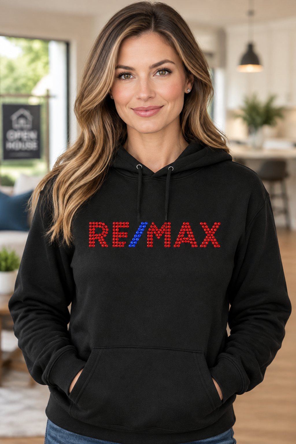 Black RE/MAX rhinestone hoodie with red stones and blue slash – Realtor Apparel by Blingdazzel