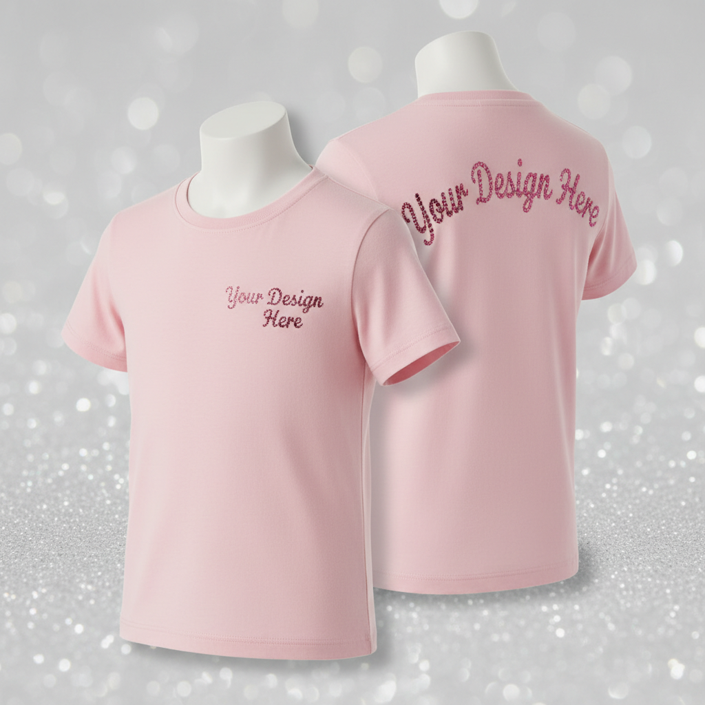 Youth pink t-shirt with short sleeves, front and back custom logo design.