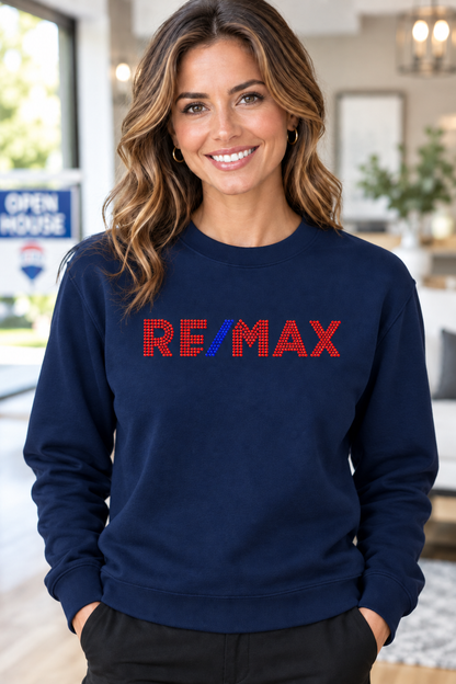 Navy blue RE/MAX rhinestone crewneck with red stones and blue slash – Realtor Apparel by Blingdazzel