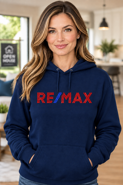Navy blue RE/MAX rhinestone hoodie with red stones and blue slash – Realtor Apparel by Blingdazzel