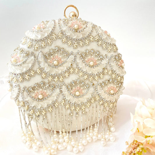 Tara Beaded Silk Clutch – Hand Embroidered Evening Bag with Tassels