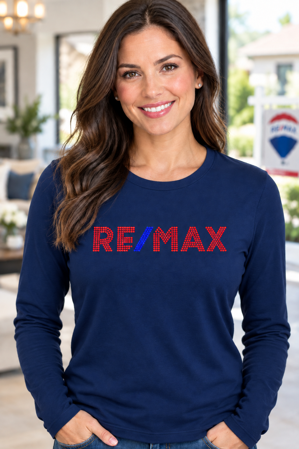 Navy blue RE/MAX rhinestone long-sleeve shirt with red stones and blue slash – Realtor Apparel by Blingdazzel