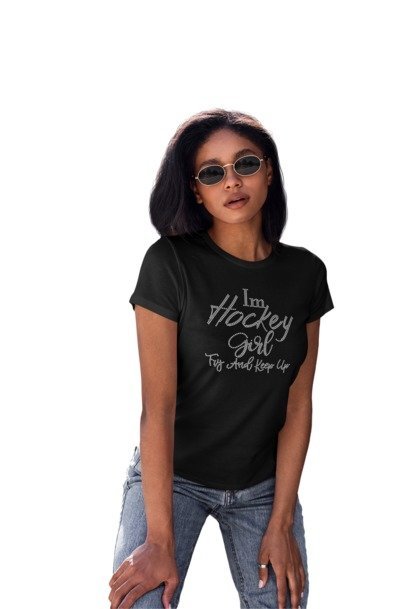 Blingdazzel Rhinestone Hockey Shirt – “I’m a Hockey Girl, Try to Keep Up” Sparkle Black Tee