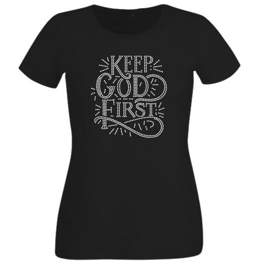 Keep God First Rhinestone Shirt – Christian Faith Sparkle Bling Tee | Blingdazzel T-SHIRT