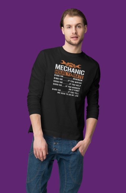 Black long-sleeve T-shirt with mechanic hourly rate graphic text