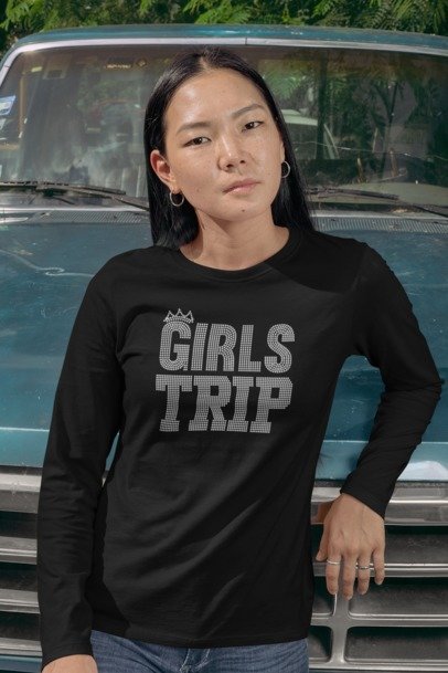 Black long-sleeve shirt with rhinestone 'GIRLS TRIP' front graphic