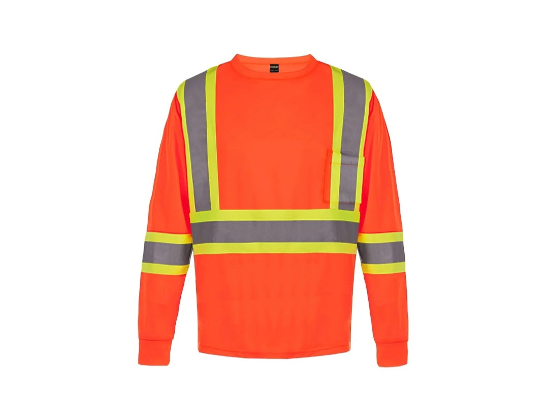 Orange long-sleeve safety mesh T-shirt with silver reflective stripes and high-visibility panels