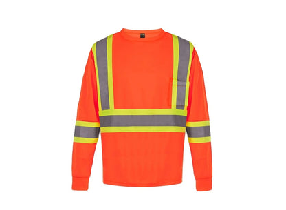 Orange long-sleeve safety mesh T-shirt with silver reflective stripes and high-visibility panels