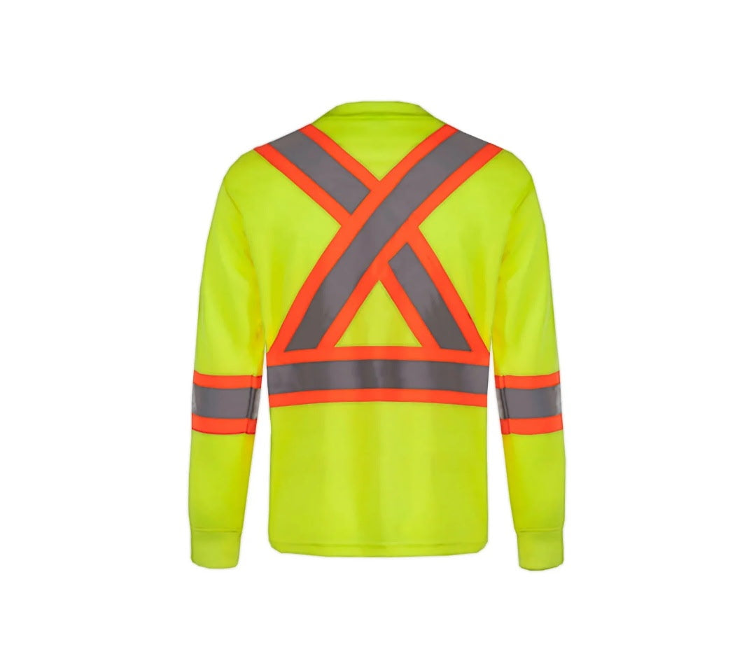 Neon yellow long-sleeve safety mesh T-shirt back with orange diagonal X reflective bands