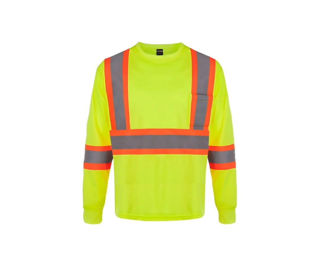 Neon green long-sleeve safety mesh T-shirt with reflective vertical and waist stripes