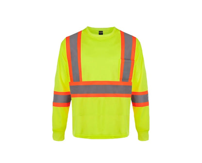Neon green long-sleeve safety mesh T-shirt with reflective vertical and waist stripes