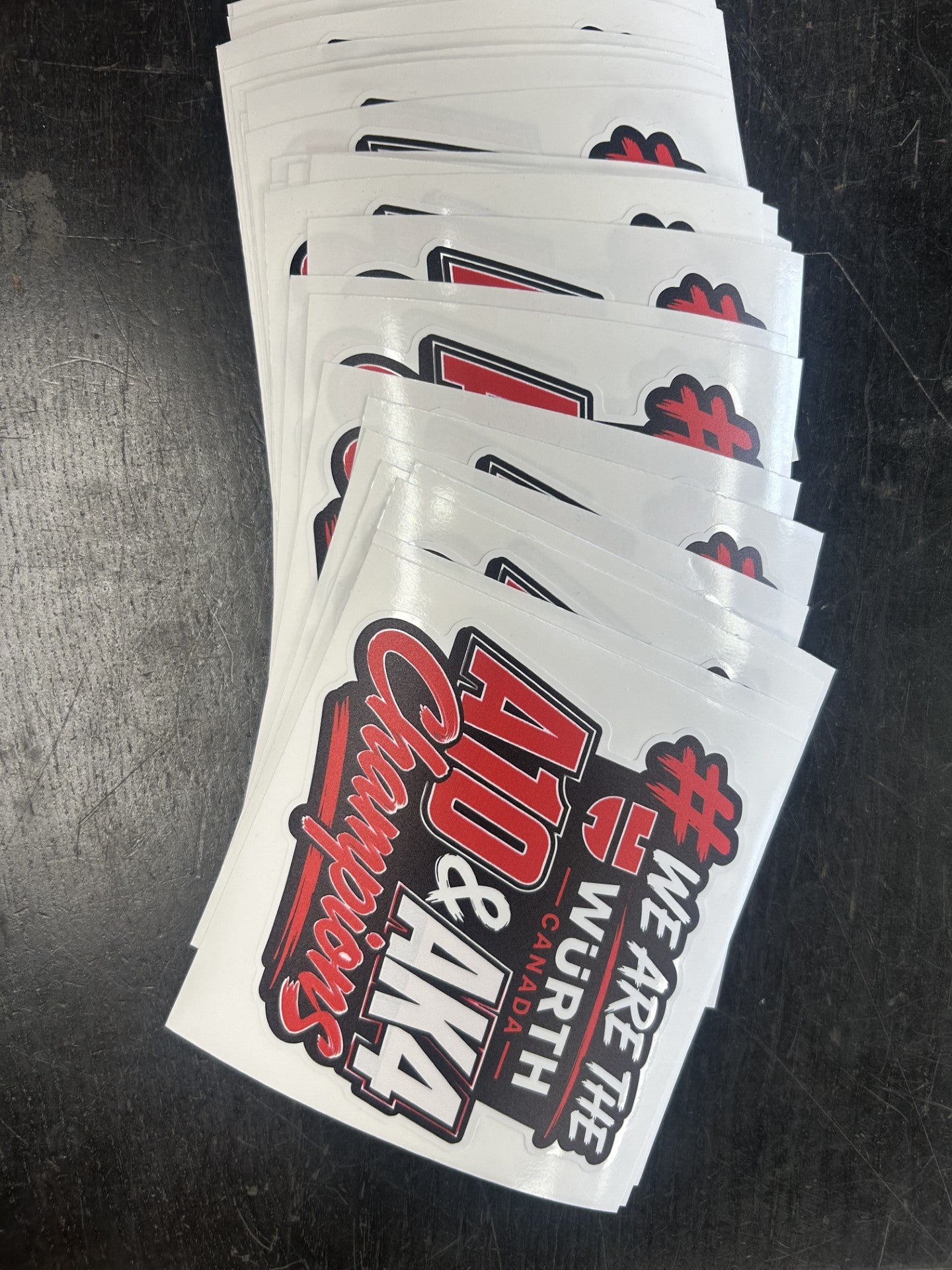 4.5-inch custom sticker set, white with bold red/black lettering and icons