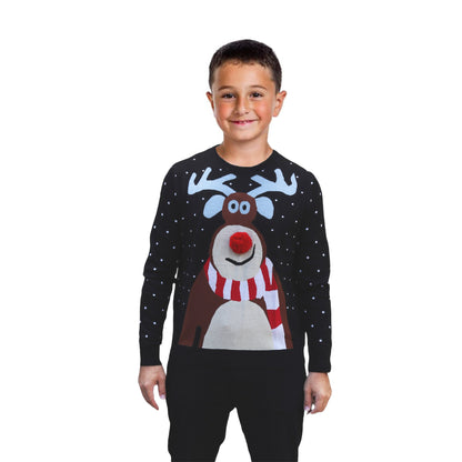 Boys reindeer graphic sweater, black with long sleeves and red nose