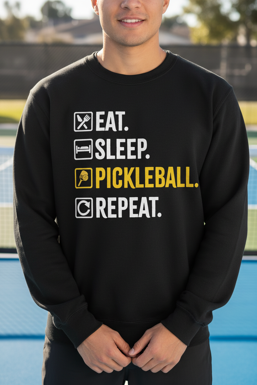 A man wearing a black crewneck sweatshirt with a graphic print on a blue outdoor pickleball court. The graphic reads 'EAT.