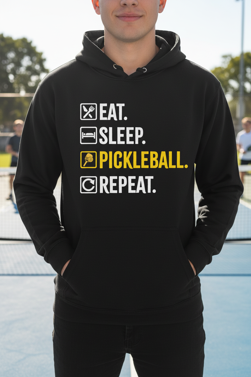 A man wearing a black hoodie with a graphic print on a pickleball court. The graphic reads 'EAT.