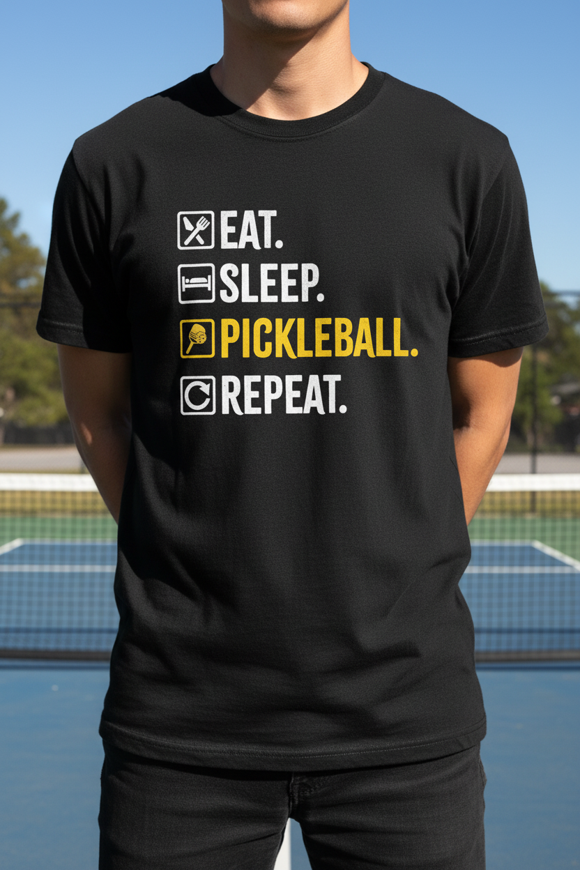 A person wearing a black short-sleeve T-shirt with a printed slogan on a pickleball court. The shirt reads 'EAT.