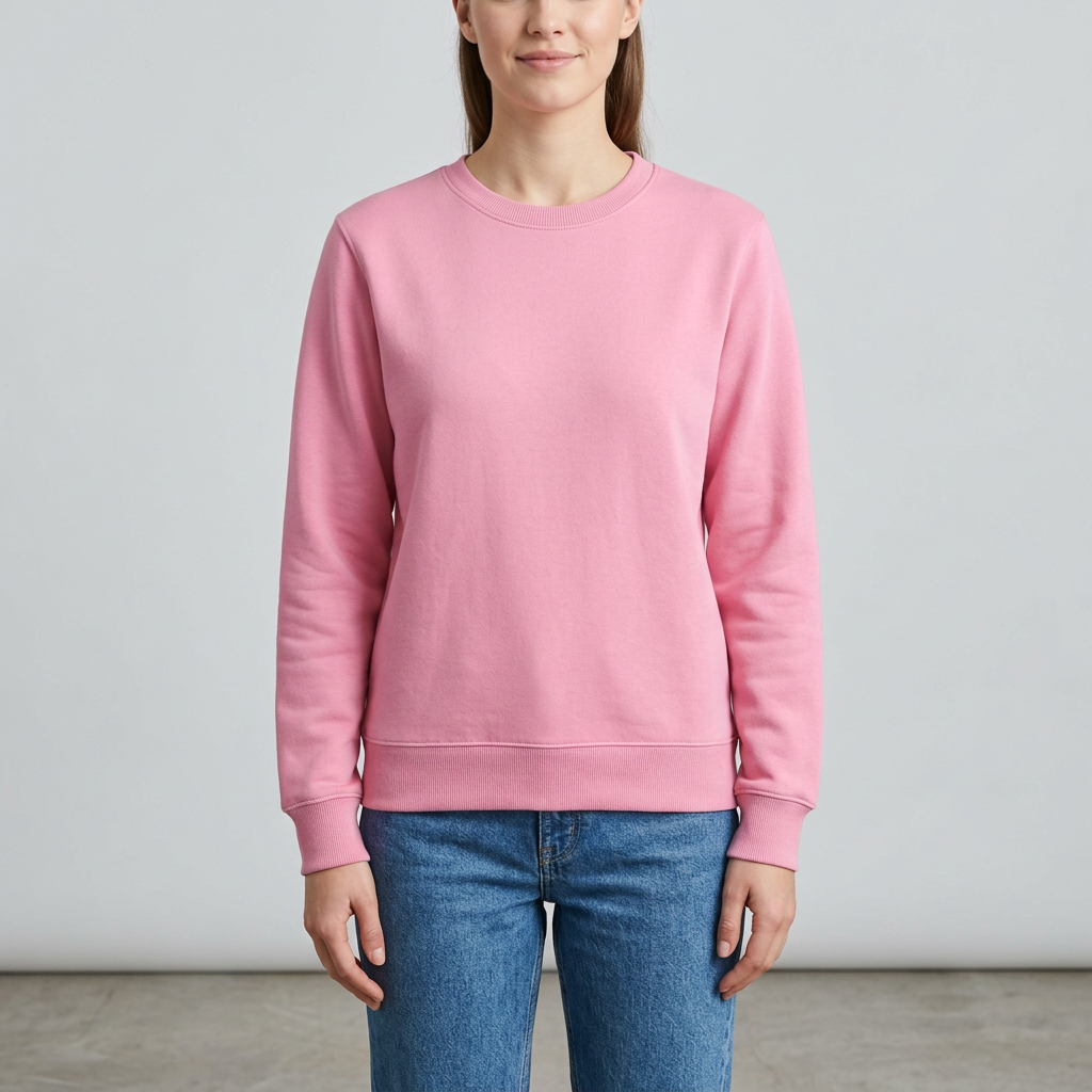 Pink crew neck sweatshirt with long sleeves, ribbed cuffs and hem.