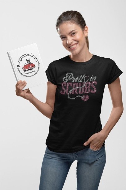 Blingdazzel “Pretty in Scrubs” Rhinestone T-Shirt – Sparkle Nurse Shirt for Women | Bling Healthcare Tee Black