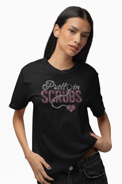 Blingdazzel “Pretty in Scrubs” Rhinestone T-Shirt – Sparkle Nurse Shirt for Women | Bling Healthcare Tee Black