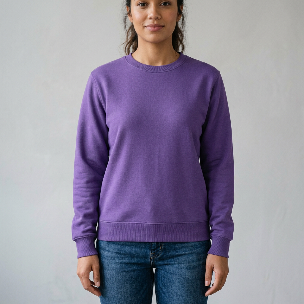 Purple crew neck sweatshirt with long sleeves, ribbed cuffs and hem.