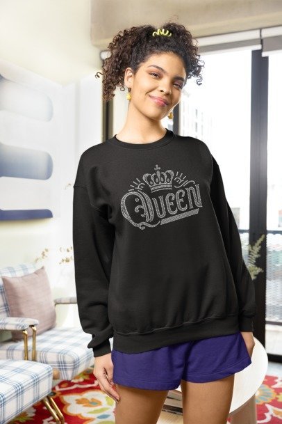 Queen Rhinestone Crown T-Shirt – Bling Queen Sparkle Tee | Premium Rhinestone Apparel by Blingdazzel Crew Neck Sweater Black