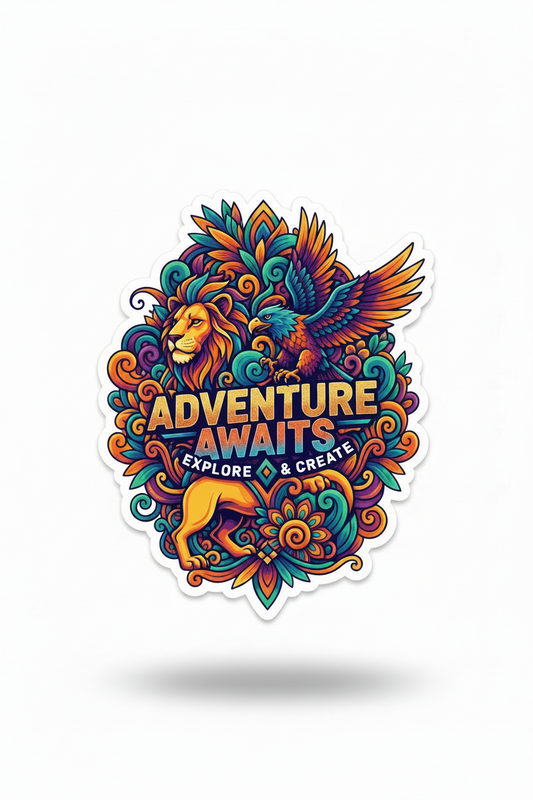 Colorful adventure graphic sticker with feathered animal and 'ADVENTURE AWAITS'