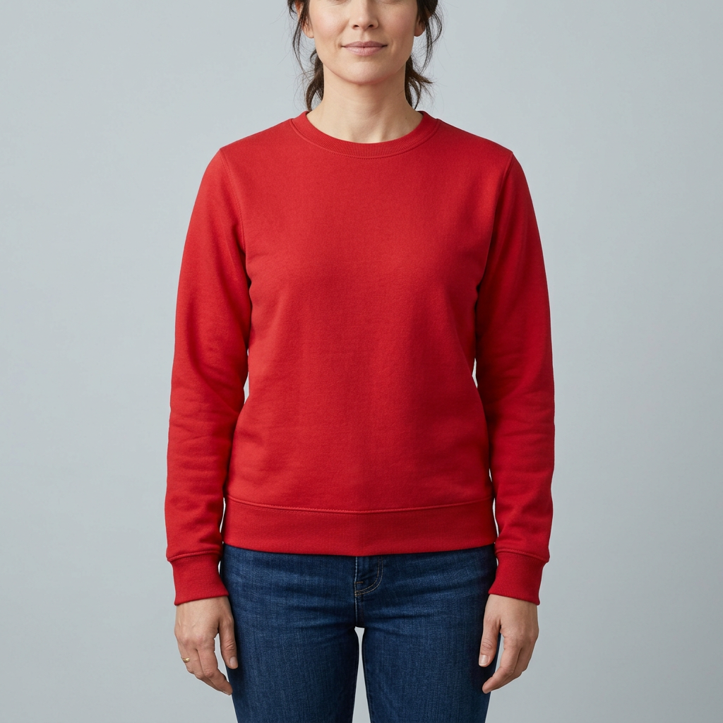 Red crew neck sweatshirt with long sleeves, ribbed cuffs and hem.