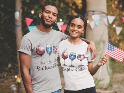 Wine-themed patriotic graphic T-shirt, sport gray and white with glass and flag motifs