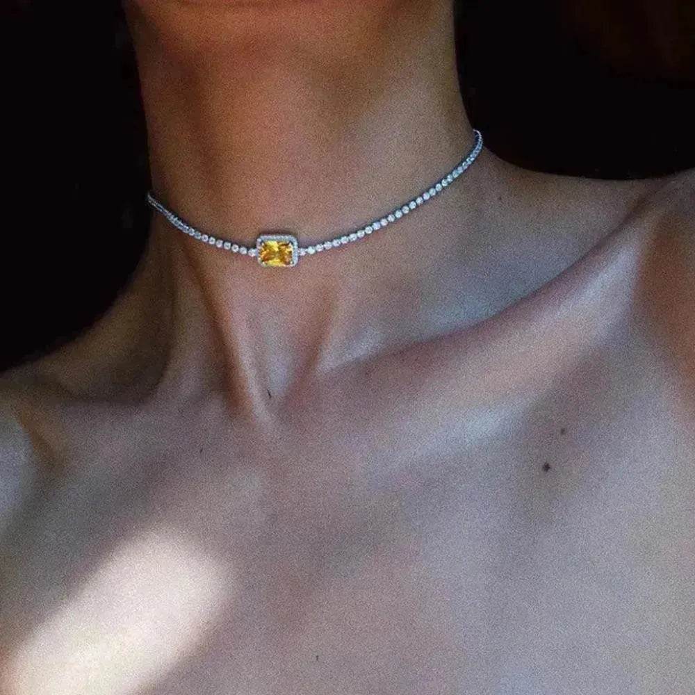 Rhinestone clavicle chain necklace with yellow square pendant on silver chain