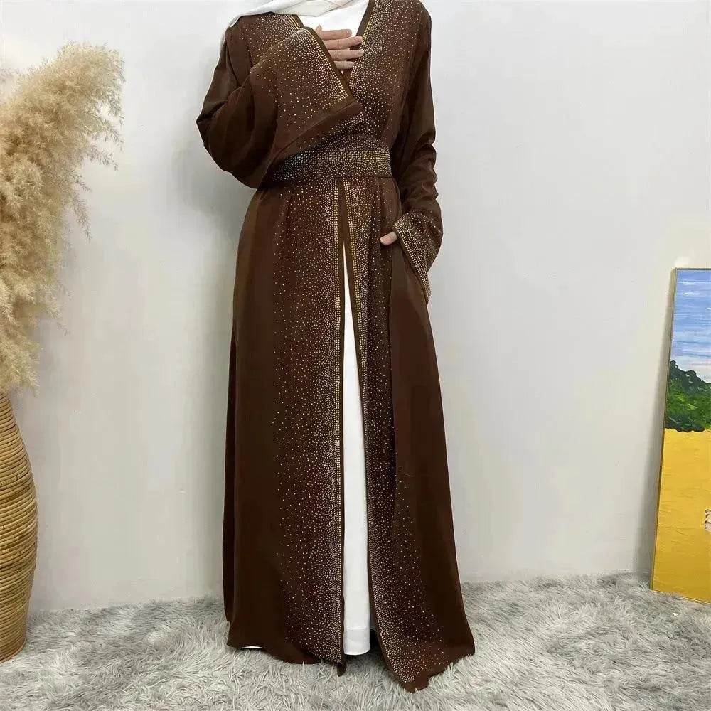 Rhinestone Lace-up Cardigan Abaya Dress for Arab Dubai Turkey Middle East Women