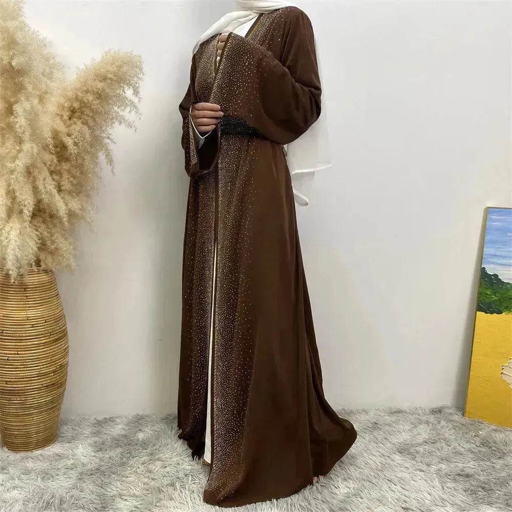 Rhinestone Lace-up Cardigan Abaya Dress for Arab Dubai Turkey Middle East Women