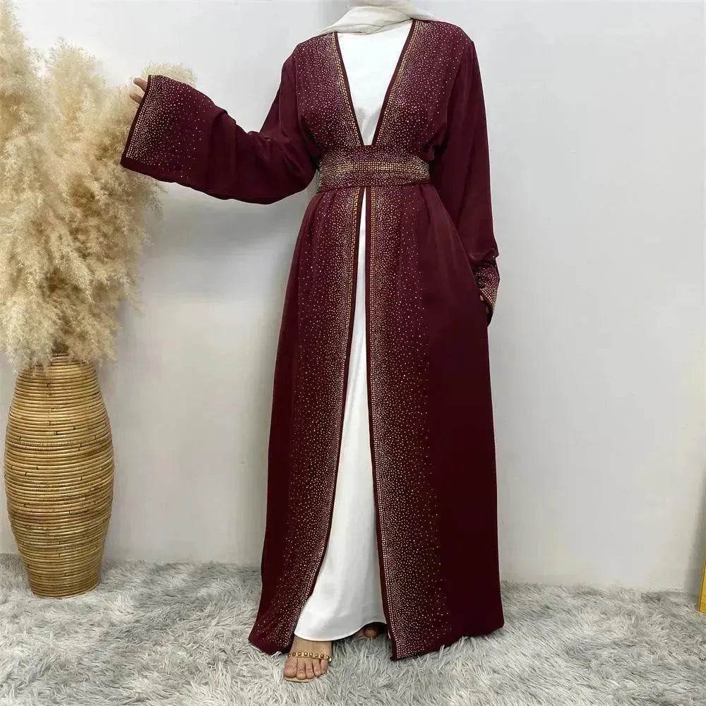 Rhinestone Lace-up Cardigan Abaya Dress for Arab Dubai Turkey Middle East Women