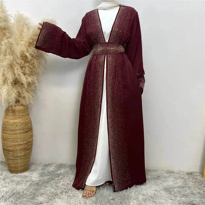Rhinestone Lace-up Cardigan Abaya Dress for Arab Dubai Turkey Middle East Women