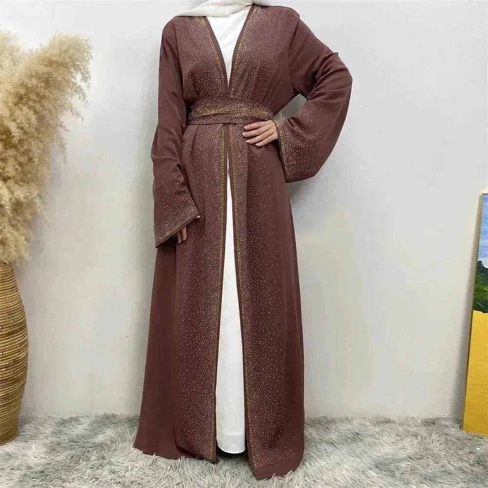 Rhinestone Lace-up Cardigan Abaya Dress for Arab Dubai Turkey Middle East Women
