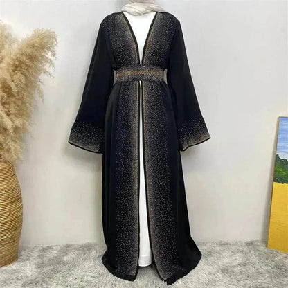 Rhinestone Lace-up Cardigan Abaya Dress for Arab Dubai Turkey Middle East Women