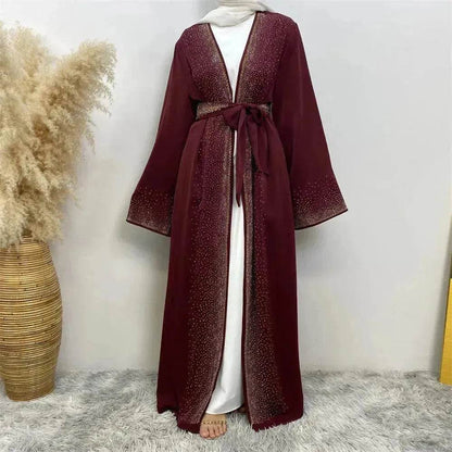Rhinestone Lace-up Cardigan Abaya Dress for Arab Dubai Turkey Middle East Women