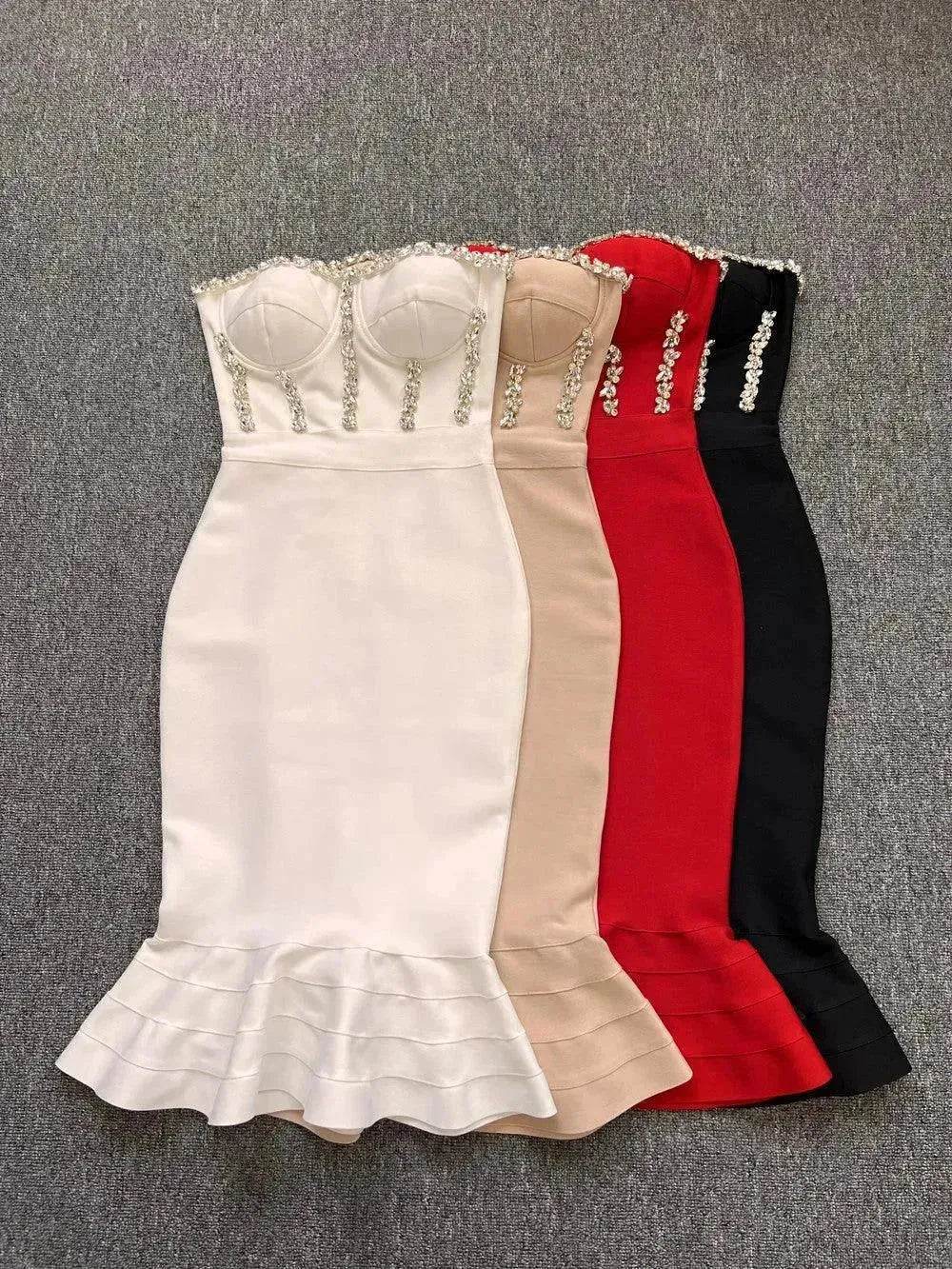 Rhinestone Waist-tight Hip Lotus Leaf Fishtail Gown