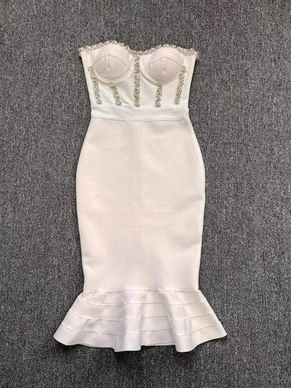 Rhinestone Waist-tight Hip Lotus Leaf Fishtail Gown