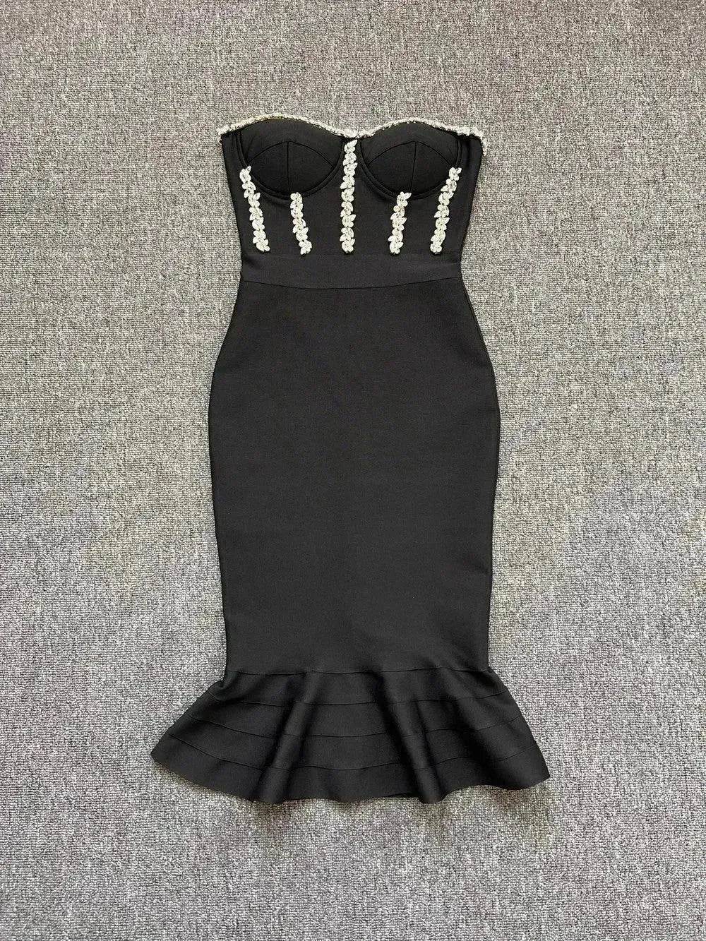 Rhinestone Waist-tight Hip Lotus Leaf Fishtail Gown