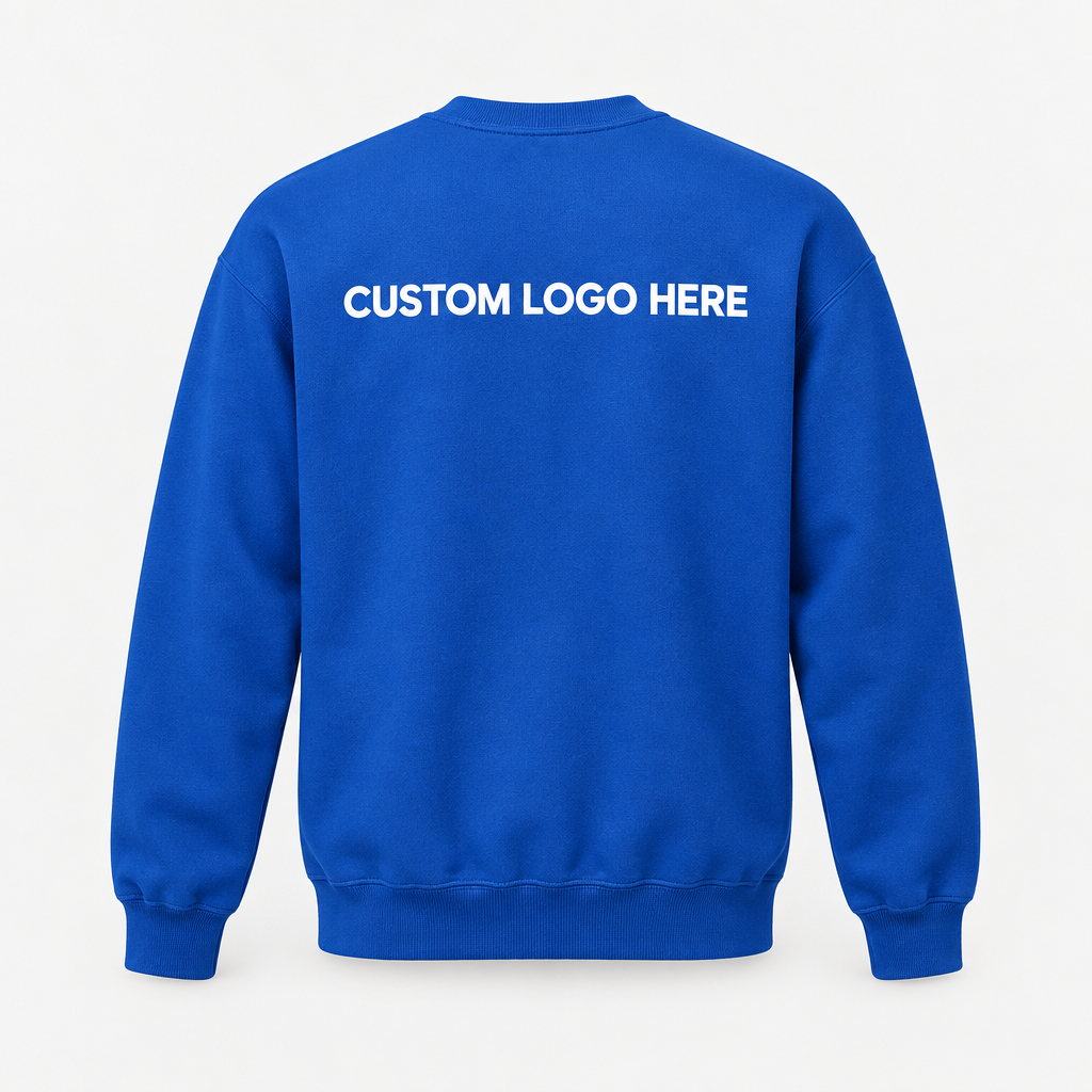 Royal blue crew neck sweater, full back with custom logo print
