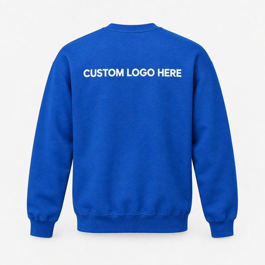 Royal blue crew neck sweater, full back with custom logo print