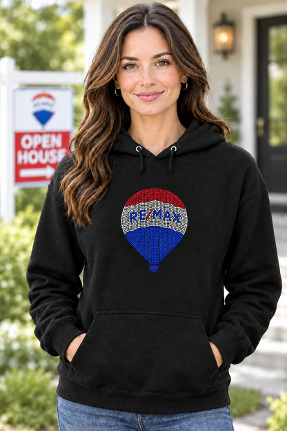 Smaller RE/MAX balloon design on black hoodie