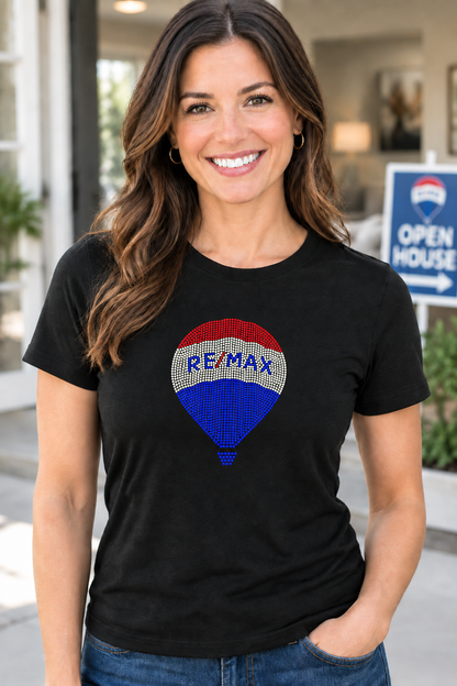 Smaller RE/MAX balloon design on black T-shirt