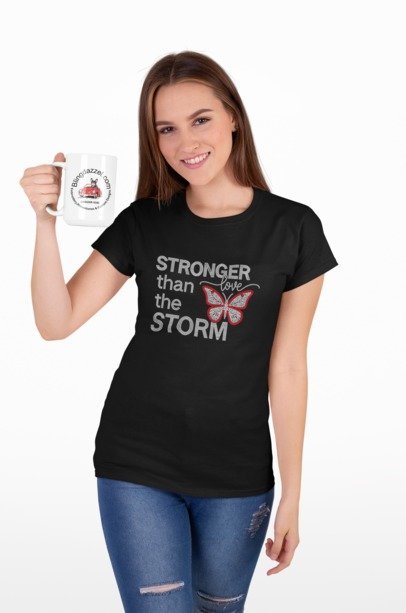 Blingdazzel “Stronger Than the Storm” Rhinestone T-Shirt – Inspirational Sparkle Tee for Women | Motivational Bling Shirt Black