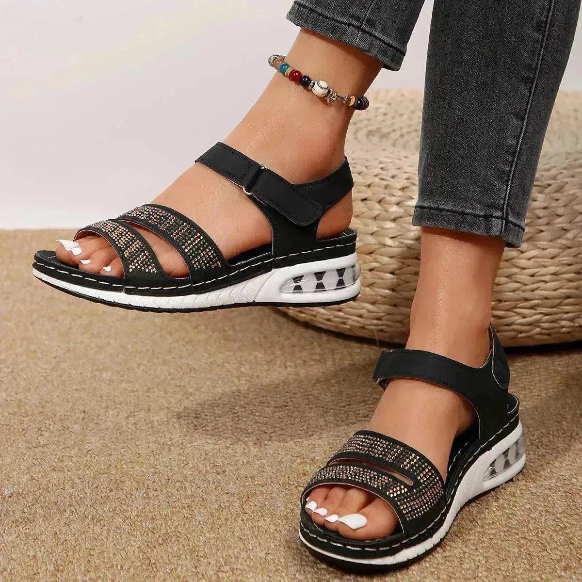 Summer Rhinestone Wedges Sandals Casual Sports Air Cushion Bottom Beach Shoes For Women Roman Sandals