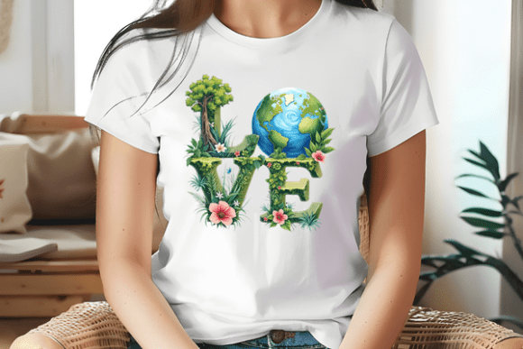 White crew-neck graphic T-shirt with LOVE Earth and globe floral print