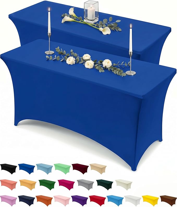 Custom logo printed royal blue tablecloth with fitted top and draped skirt