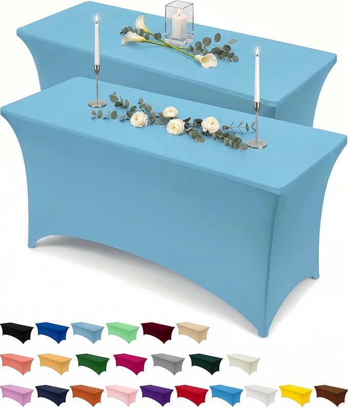 Custom logo printed light blue tablecloth with fitted top and draped skirt