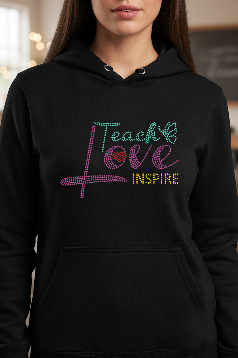 A woman wearing a black pullover hoodie with a colorful rhinestone-style graphic on the chest that reads 'Teach Love Inspire' in teal, pink, purple, and yellow lettering.