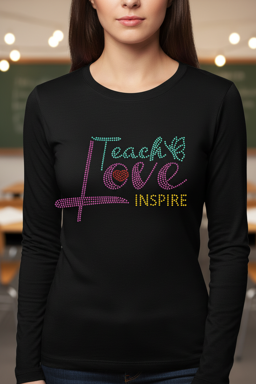 A woman wearing a black long-sleeve shirt with a colorful rhinestone-style graphic that reads 'Teach Love Inspire' in green, pink, purple, and yellow lettering, set against a blurred classroom background.